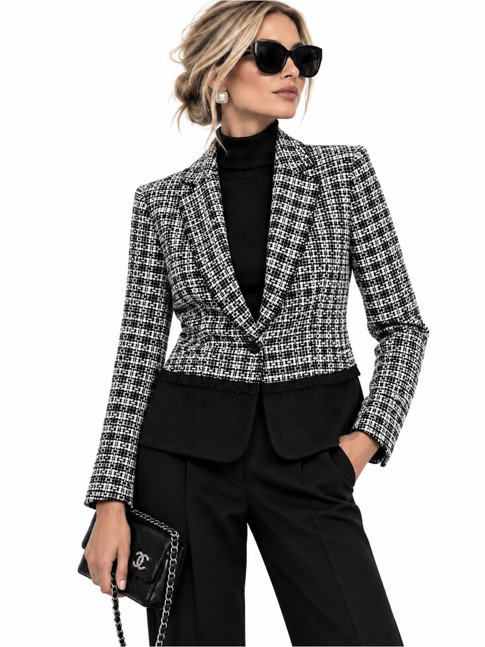 Karl Lagerfeld Paris Tweed Blazer Size 8 Black White Peplum Quiet Luxury